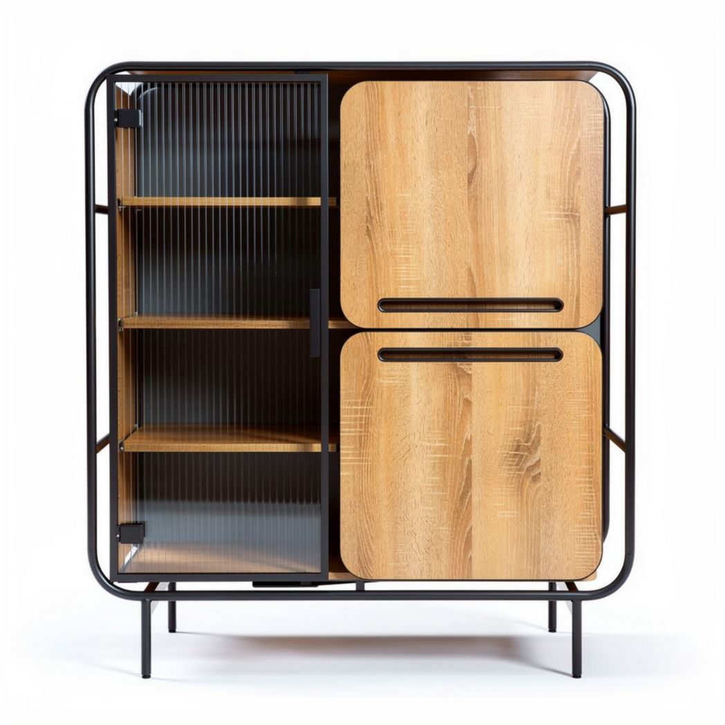 Houten kast met zwarte metalen frame en twee deuren 80 x 40 x 100cm