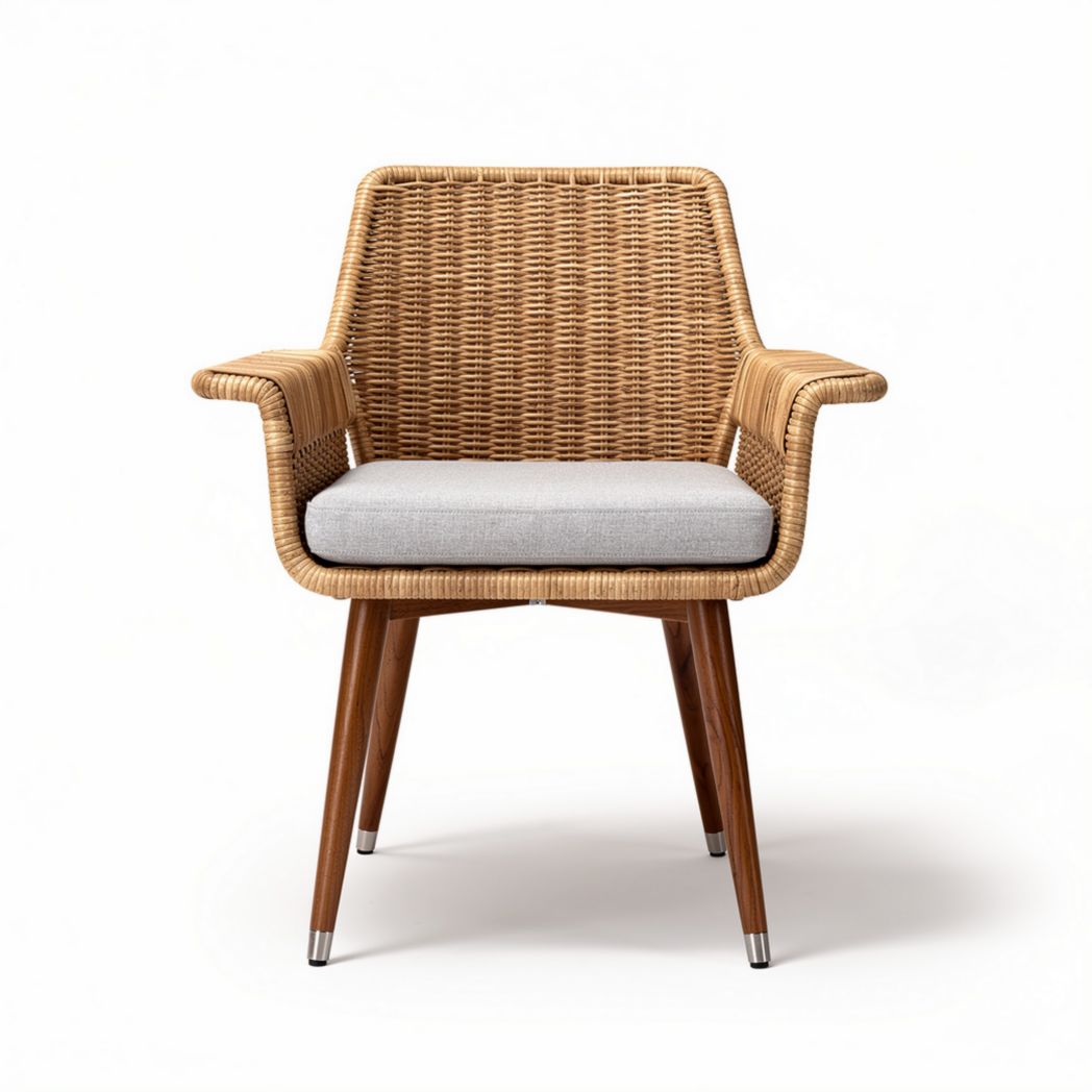 Wicker stoel met grijze kussen en houten poten 60 x 60 x 80cm