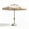 Parasol van beige geweven stof met robuuste betonnen voet en afmetingen 250 x 250 x 250cm