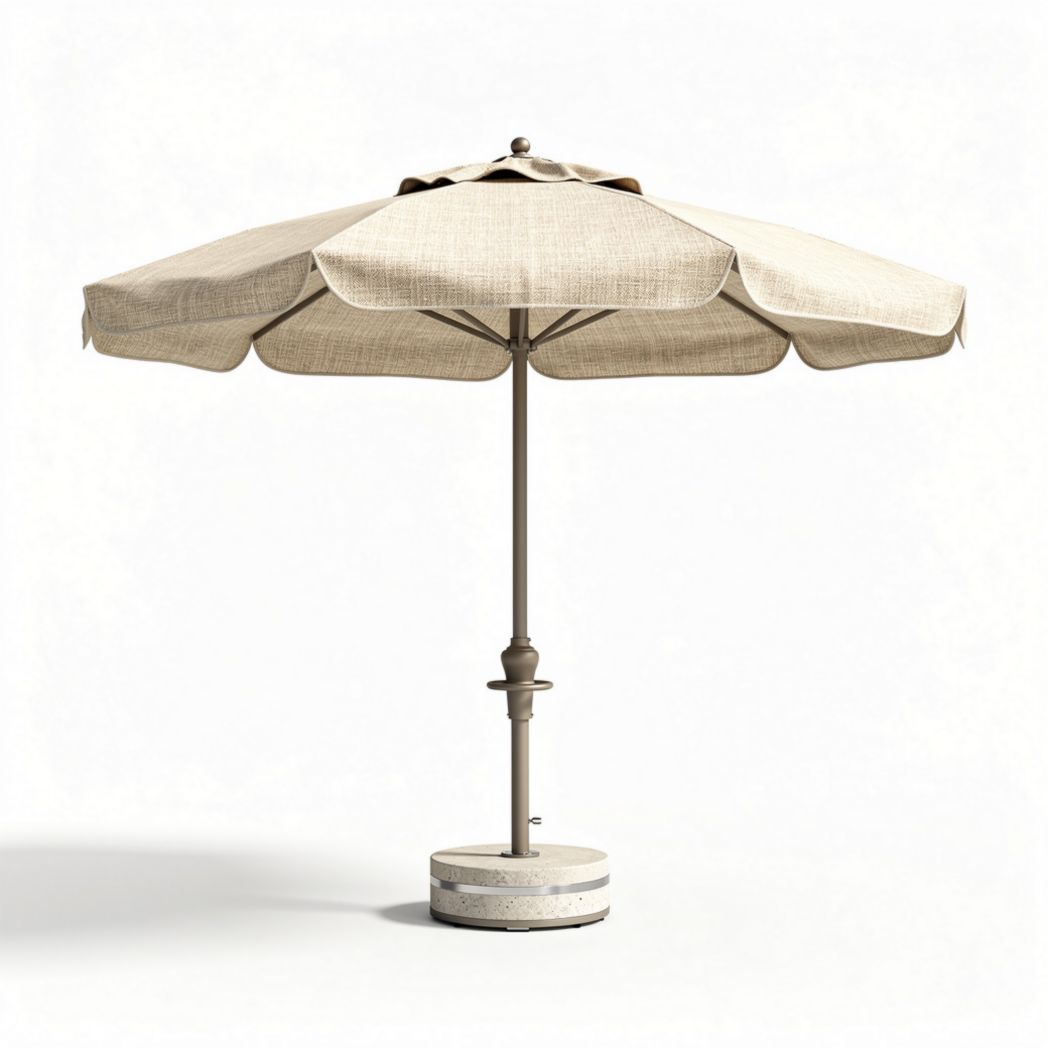 Parasol van beige geweven stof met robuuste betonnen voet en afmetingen 250 x 250 x 250cm